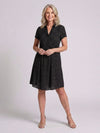 Women's Polka Dot Midi Dress with Short Sleeves and Collared Neckline