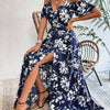 Gleamond | Women's Floral Maxi Dress Cold Shoulder V-Neck Belted Split Summer Dress