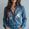Floral Embroidered Button-Up Blouse with Puff Sleeves and Pointed Collar