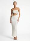 Gleamond | Bandeau Ribbed Knit White Maxi Dress with Cut Out Waist Detail