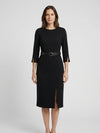 Gleamond | Belted Pencil Black Midi Dress with Three Quarter Sleeves and Front Split