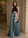 Gleamond | Women's Floral A-Line Maxi Dress with Crew Neck Front Split and Sleeveless Cut