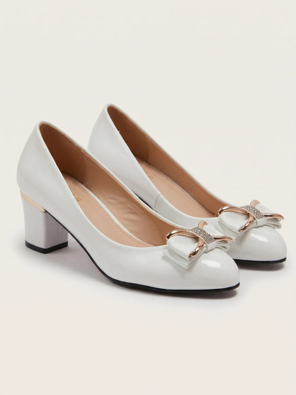 Gleamond | Block Heel Court Shoes with Bow Detail for Wedding and Special Occasion