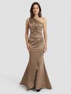 Gleamond | Champagne Satin One-Shoulder Gown