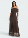 Gleamond | Chocolate Brown Off Shoulder Maxi Dress Mesh Overlay Ruched Bodice Evening Gown