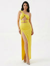 Gleamond | Women's One Shoulder Yellow Maxi Dress with Cutout Bodice Ruched Skirt and Front Split