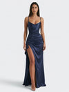 Gleamond | Maxi Dress – Navy Blue Satin Ruched Cowl Neck Slip Dress with High Slit