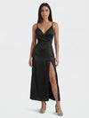 Gleamond | Maxi Dress – Satin Wrap V-Neck Slip Dress with High Slit
