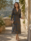 Gleamond | Women's Printed Twist Front Midi Dress V-Neck Long Sleeve Elegant