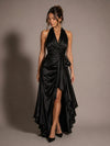 Gleamond | Midnight Elegance Satin Halter Ruffle Gown
