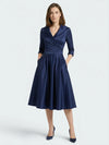 Gleamond | Satin Midi Dress Wrap Bodice Full Skirt 3/4 Sleeve Evening Dress with Pockets