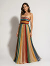 Gleamond | Women's Strapless Pleated Maxi Dress with Stripe Print