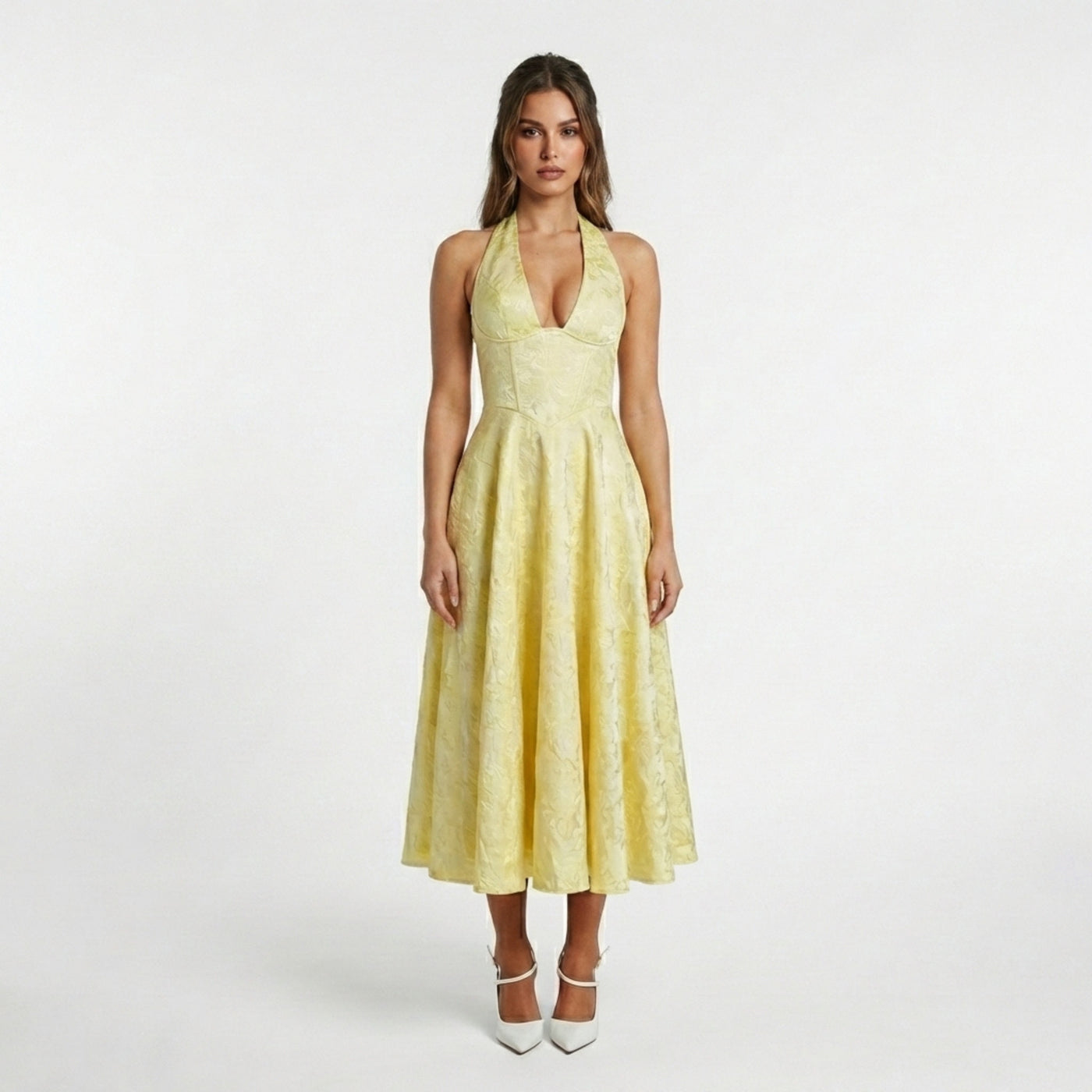 womens yellow midi dress Gleamond