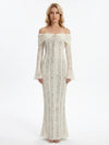 Gleamond | Women Lace Maxi Dress With Off Shoulder Neckline Ivory