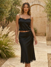 Gleamond | Women’s Black Satin Lace Co Ord Set