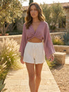 Gleamond | Women’s Pink Cotton Tie Front Cropped Blouse