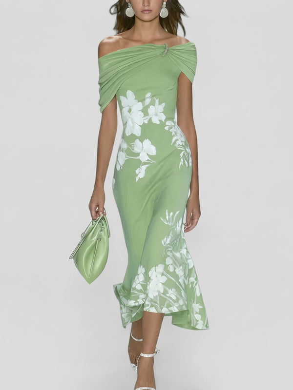 Gleamond | Women’s Floral Midi Dress Elegant Off Shoulder Slim Fit
