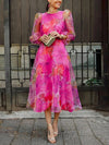 Gleamond | Women’s Floral Midi Dress Long Sleeve Elegant Wedding Guest