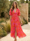 Gleamond | Women’s Floral V-Neck Maxi Dress with Puff Sleeves