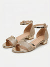Gleamond | Glitter Low Block Heel Sandals with Metallic Trim and Buckle Ankle Strap