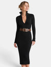 Gleamond | Women's Belted Midi Dress with V Neck and Long Sleeves