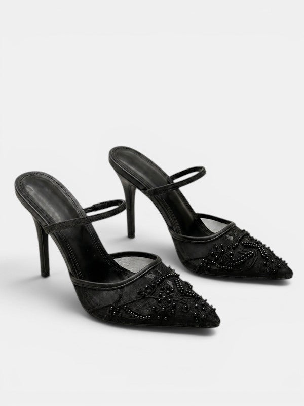 Gleamond | Women's Embellished Stiletto Mules with Pointed Toe and Instep Strap