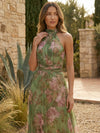 Gleamond | Women's Floral Chiffon Maxi Dress - Green Halter Summer Dress