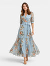Gleamond | Women's Floral V Neck Midi Dress with Short Sleeves