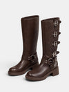 Gleamond | Women's Knee High Biker Boots with Multiple Buckle Straps and Block Heel