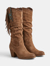 Gleamond | Women's Knee High Boots with Fringe Detail and Block Heel