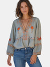 Gleamond | Women's Boho Embroidered Blouse with V Neck and Balloon Sleeves