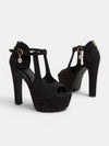 Gleamond | Women's Platform Block Heel Sandals with T-Bar Strap and Jewel Charm Detail