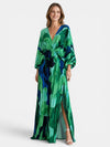 Gleamond | Women's Printed Pleated Maxi Dress with V Neck