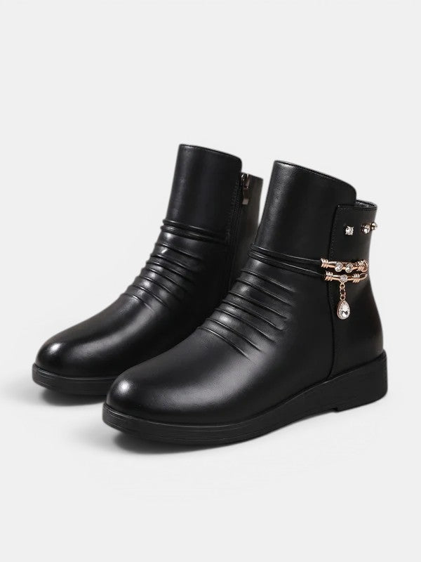 Gleamond | Women's Wedge Ankle Boots with Ruched Detail and Jewel Chain Embellishment
