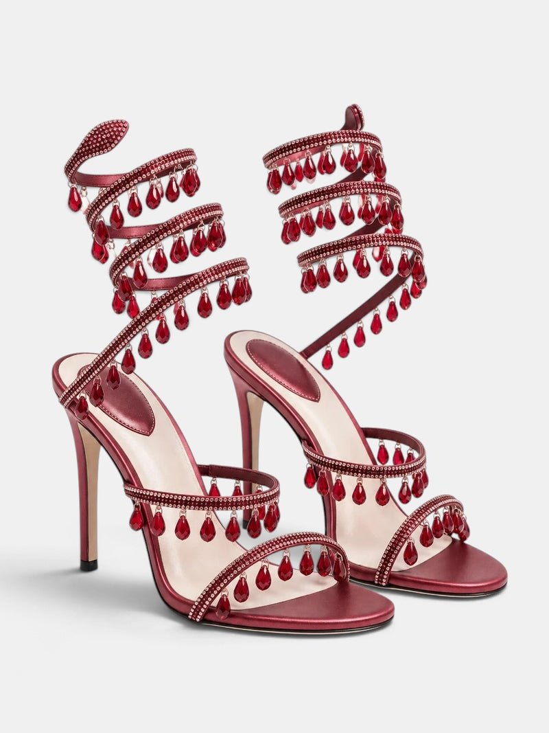 Gleamond | Women's Wraparound Sandals with Crystal Fringe and Stiletto Heel