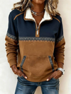 Women's Sherpa Collared Pullover Hoodie with Tribal Print and Quarter-Zip Closure