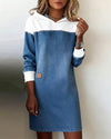 Women's Hooded Denim Midi Dress with Contrasting Cuffs and Patch Detail