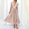 Women's Pleated Midi Dress with Deep V-Neck and Cap Sleeves for Formal Events