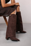 Elegant Women’s Knee-High Suede Boots with Pointed Toe and Gold Buckle Detail