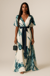 Women's Watercolour Print Long Dress with Adjustable Tie Waist
