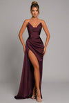 Women's Satin Maxi Dress with Ruched Sweetheart Neckline and Side Split