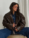 Women’s Short Brown Leather Biker Jacket with Zips and Adjustable Belt