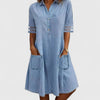 Women's Denim Midi Dress with Shirt Collar, Sheer Striped Sleeves and Patch Pockets