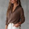 Women's Half-Zip Collar Textured Knit Sweater in Warm Taupe