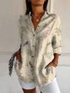 Printed Collared Blouse with Button-Front Closure and Three-Quarter Sleeves