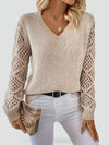Women's Knitted Sweater with Diamond Pattern Lace Sleeves and V-Neck