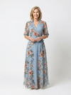 Floral Print V Neck Maxi Dress with Wrap Bodice and Sheer Sleeves