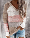 Women's Striped Knit Hoodie with V-Neck and Drawstring Hood