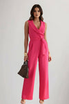 Blazer-Collar Tie-Waist Wide-Leg Full-Length Jumpsuit for Women
