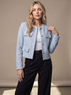 Women's Cropped Collarless Tweed Blazer with Gold Buttons and Flap Pockets